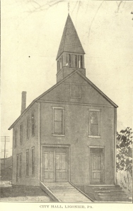 Ligonier's old wooden town hall was located at the corner of North Fairfield Street and Bank Alley. The stone building that replaced it is now the Ligonier Borough police station. (Courtesy of the Pennsylvania Room, Ligonier Valley Library)